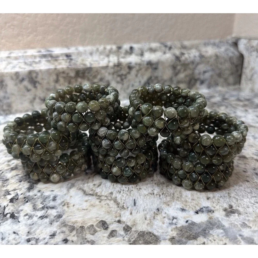 Coastal Sea Green Marbled Stone Bead Gold Wire Napkin Rings Set of 8